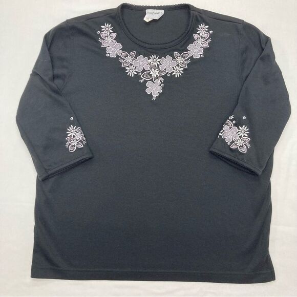 Vintage Bon Worth Top SZ S Black with White Gray Floral Appliqué 3/4 Sleeve Tee - Picture 3 of 13